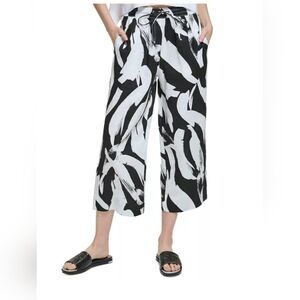 DKNY Women's Linen Printed Wide-Leg Pull-On Capri Pants